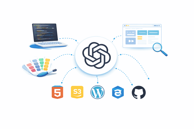 Ilustración sobre desarrollo web con ChatGPT y revisión de código
